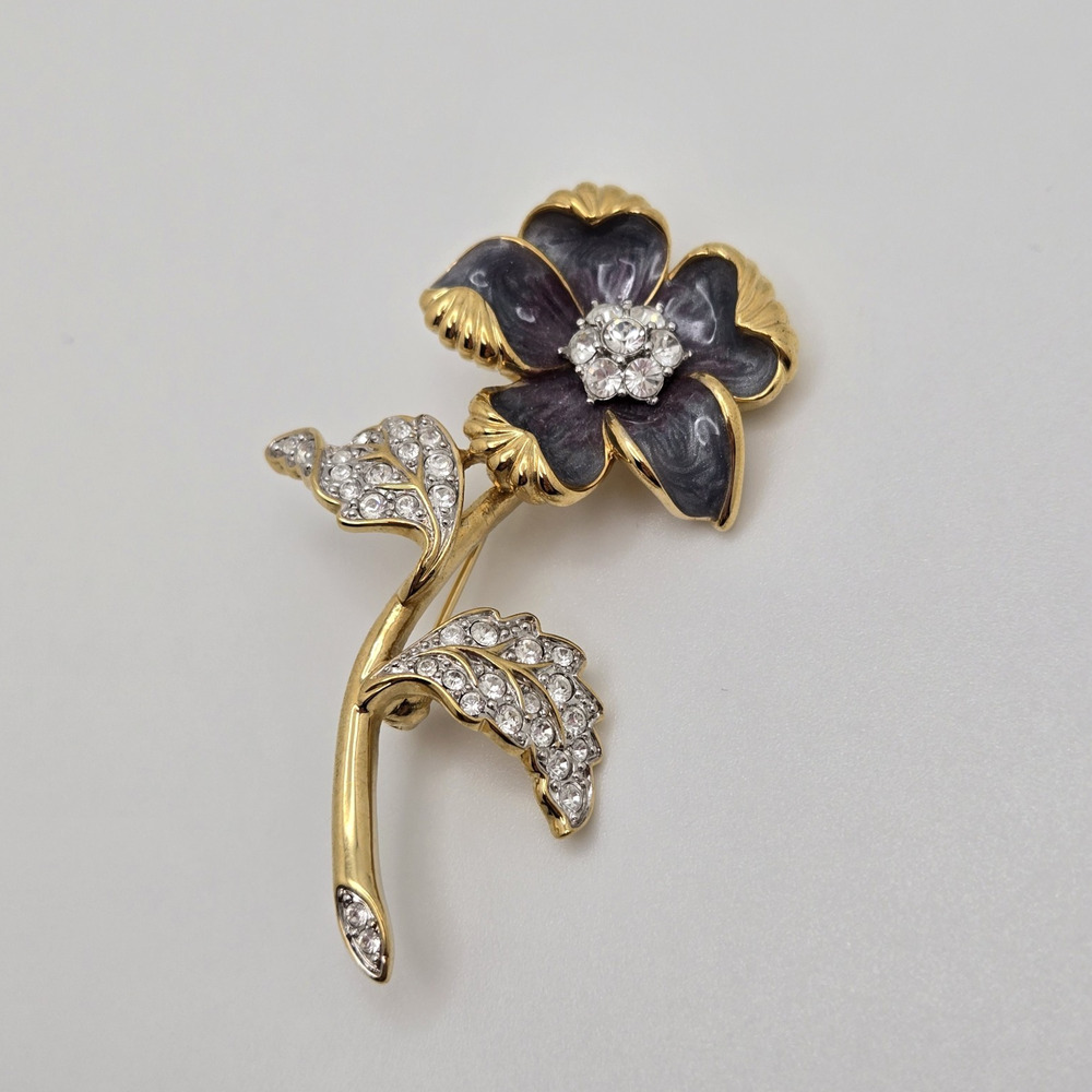 Vintage Nolan Miller Brooch Enamel Flower Rhinestone Goldtone Pin Classic Retro - Picture 7 of 12